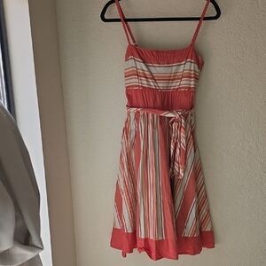 Anthropologie Striped Coral Sundress with Waist Tie